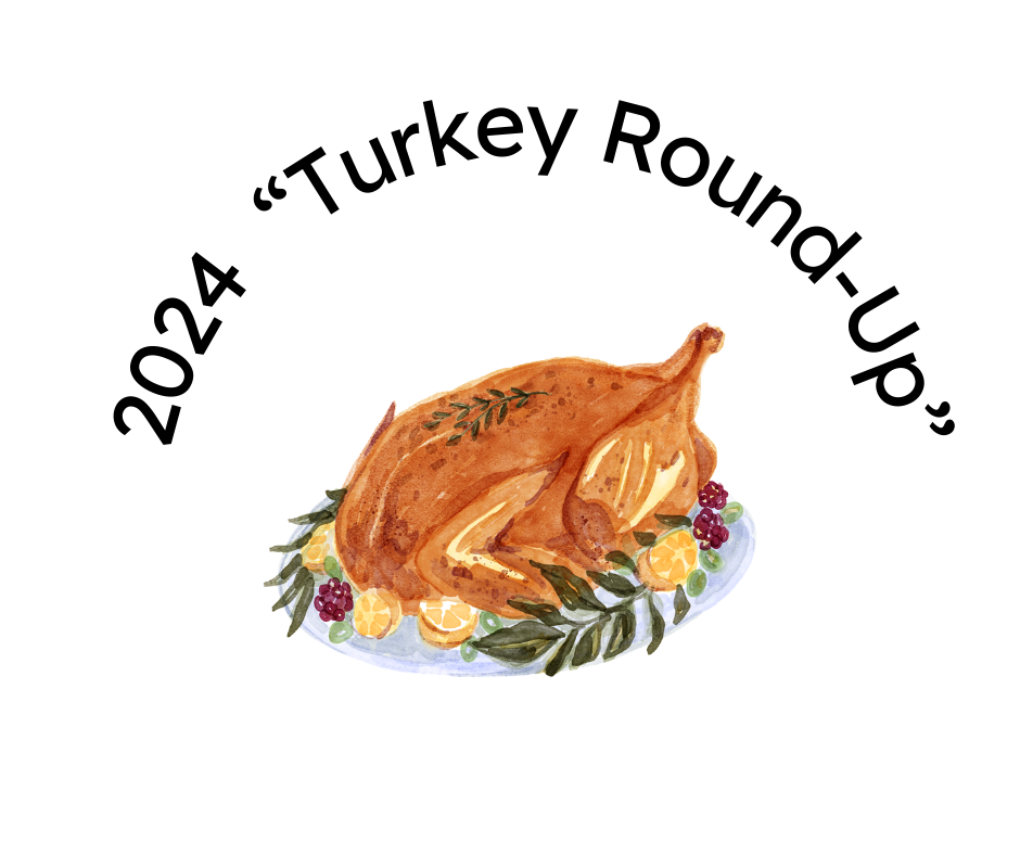 Cartoon cooked turkey with text "2024 Turkey Round-Up"